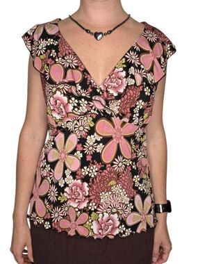 Y2K Floral Fairy Pink & Black V-Neck Babydoll Blouse Top w/ Flowy Collar Size XL